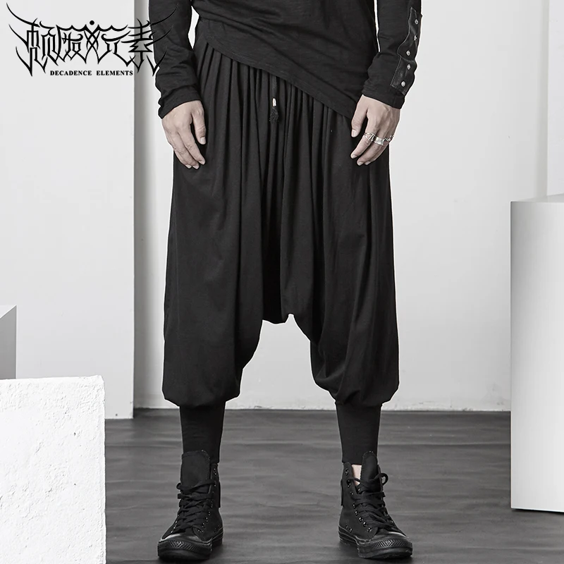 Low crotch cross pants men's skirt pants Hong Kong style alternative personality trendy men's harem pants loose dark black feet