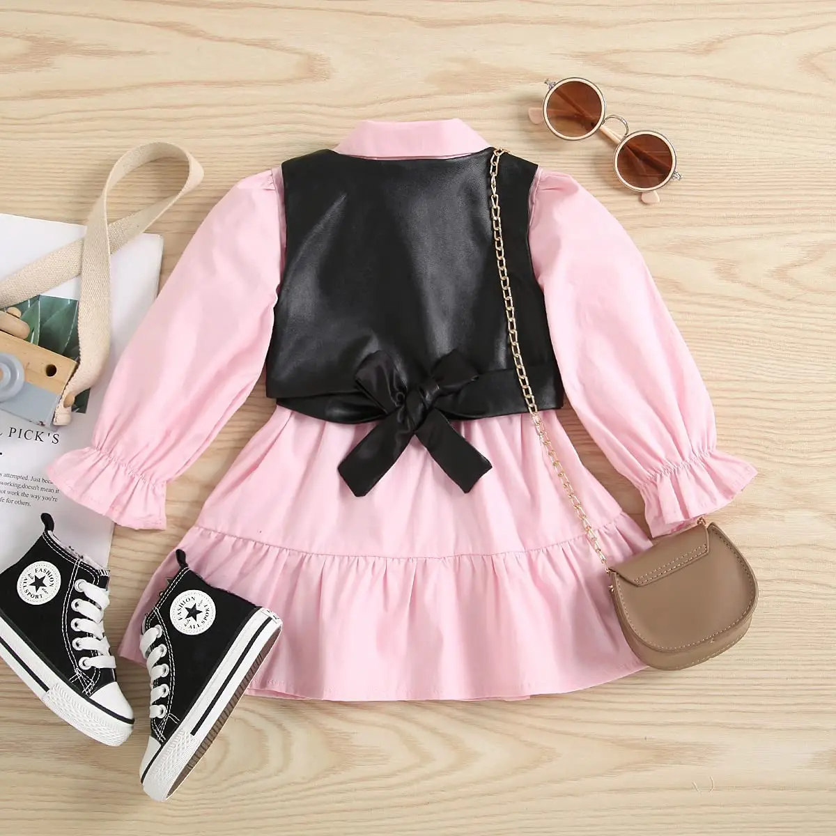 1-6Y Kids Toddler Baby Girls Clothing Dress Button Down Long Sleeve Shirt Dress + PU Leather Vest 2Pcs Girl Autumn Outfits