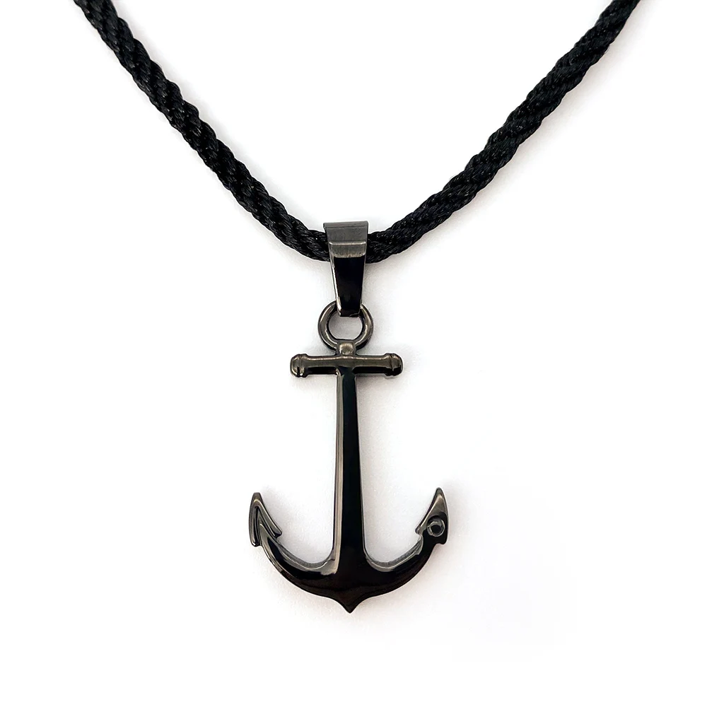 Runda Men's Necklace Black Nautical Pendant Stainless Steel with Nylon Rope Adjustable Size 50cm Fashion Anchor Necklace Men