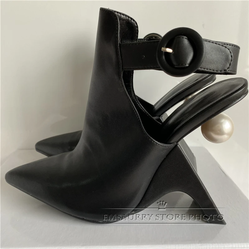 Novelty Fretwork Heel Runway Boots Women Sexy Point Toe Slingbacks With Buckle Belt Pearl Decor High Heel Botas Mujer