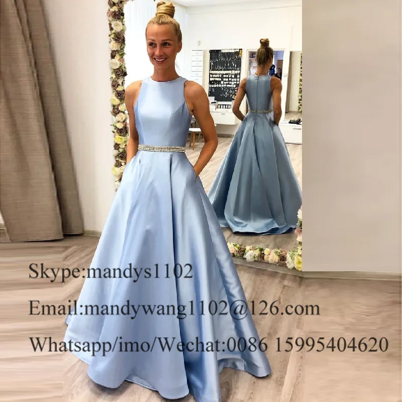 Glitter Crystal Satin Long Prom Dresses 2022 Light Blue Dress Woman Party Night Vestidos de fiesta largos elegantes de gala