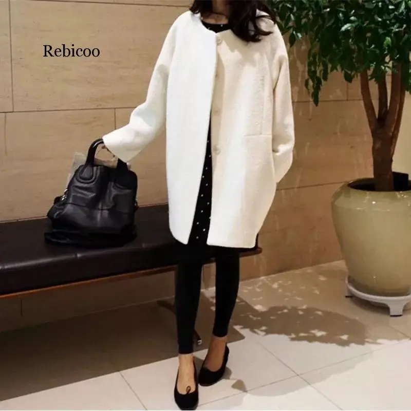 

Single-breasted Autumn Winter Korean Drop Shoulder Women Woolen Coat Cocoon Overcoat