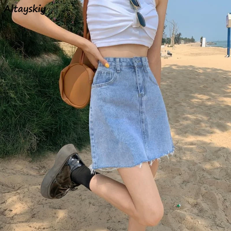 

Blue Skirts Women Denim Summer Vintage College Sweet All-match Tassel A-line Ins Soft Classic Jupe Ladies Casual Female Simple