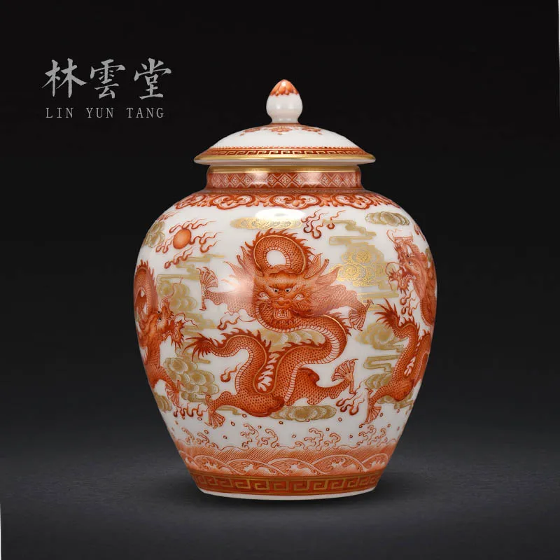 Lin Yuntang's hand-painted alum red gold five dragon tea can