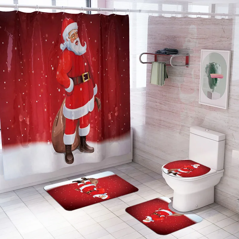 4 Pcs/Set Shower Curtains+Bathroom Mats Non Slip Carpet Toilet Cover Seat Cartoon Christmas Bath Rug Foot Pad Home Decor Doormat