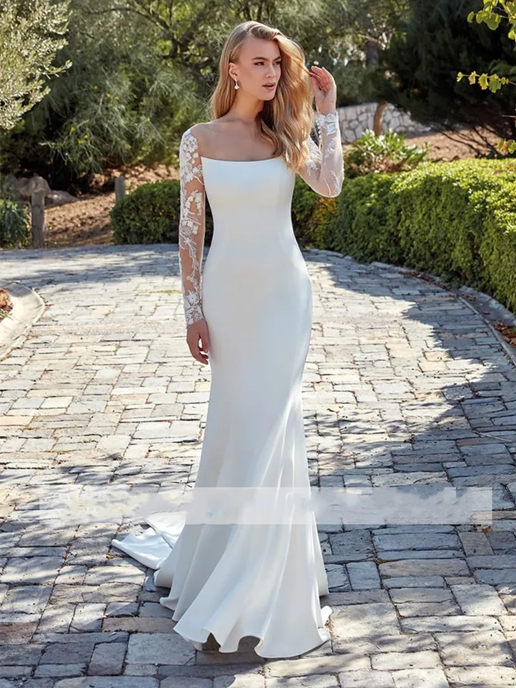 Abito da sposa a sirena con scollo a barca 2024 Appliques in pizzo maniche lunghe Design a bottone Stain Court Train Vestidos De Noiva Custom Made