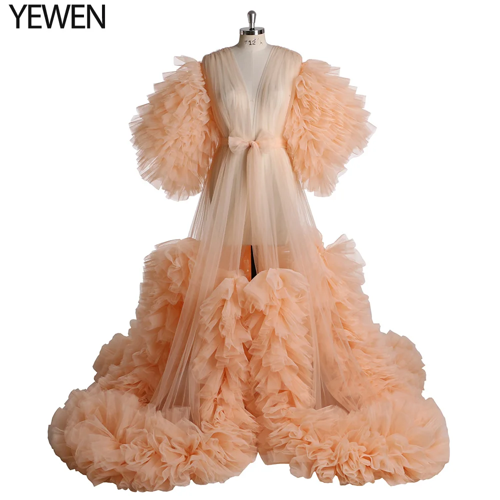 Elegant Ruffled Tulle Gown with Dramatic Short Sleeves Photography Dresses Pregnancy Photo Shooting Dress Custom Color YEWEN