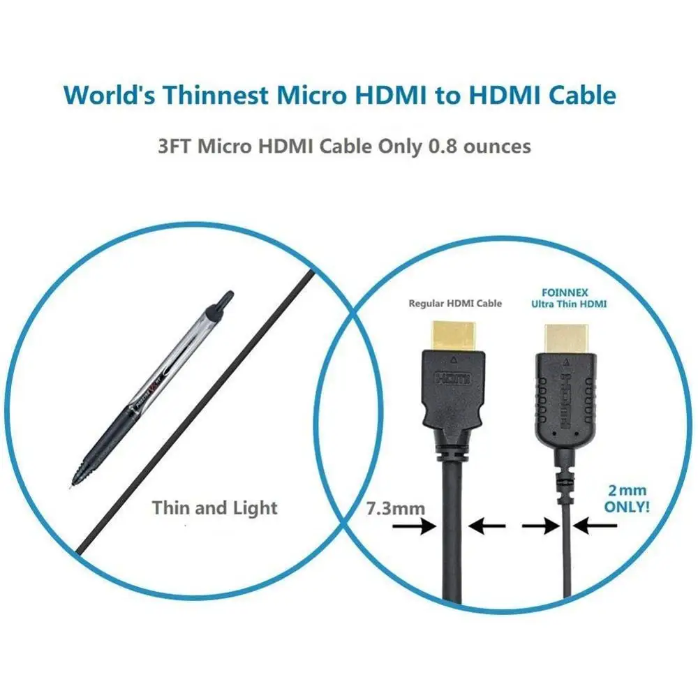 FOINNEX Ultra cienki elastyczny kabel Micro HDMI do HDMI 2 stopy do Gimbal GoPro Hero 7 czarny, aparat Canon, stabilizator, certyfikat CE