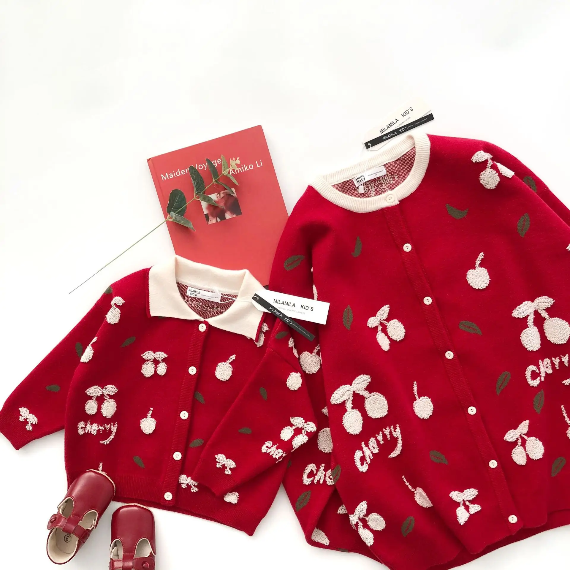 

Tonytaobaby Autumn and Winter New Girls Cherry Parent-child Cotton Cardigan Sweater Sweaters