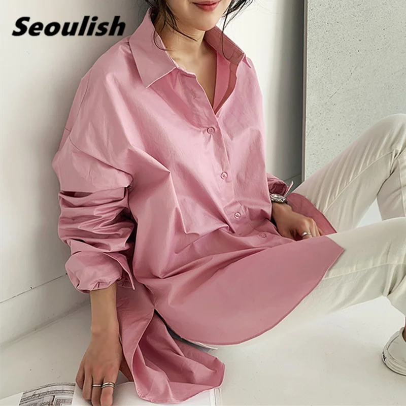 

Seoulish Single Breasted Oversize Women Blouse 2021 New Spring Side Split Turn-down Collar Korean Style Loose Female Shirs Tops