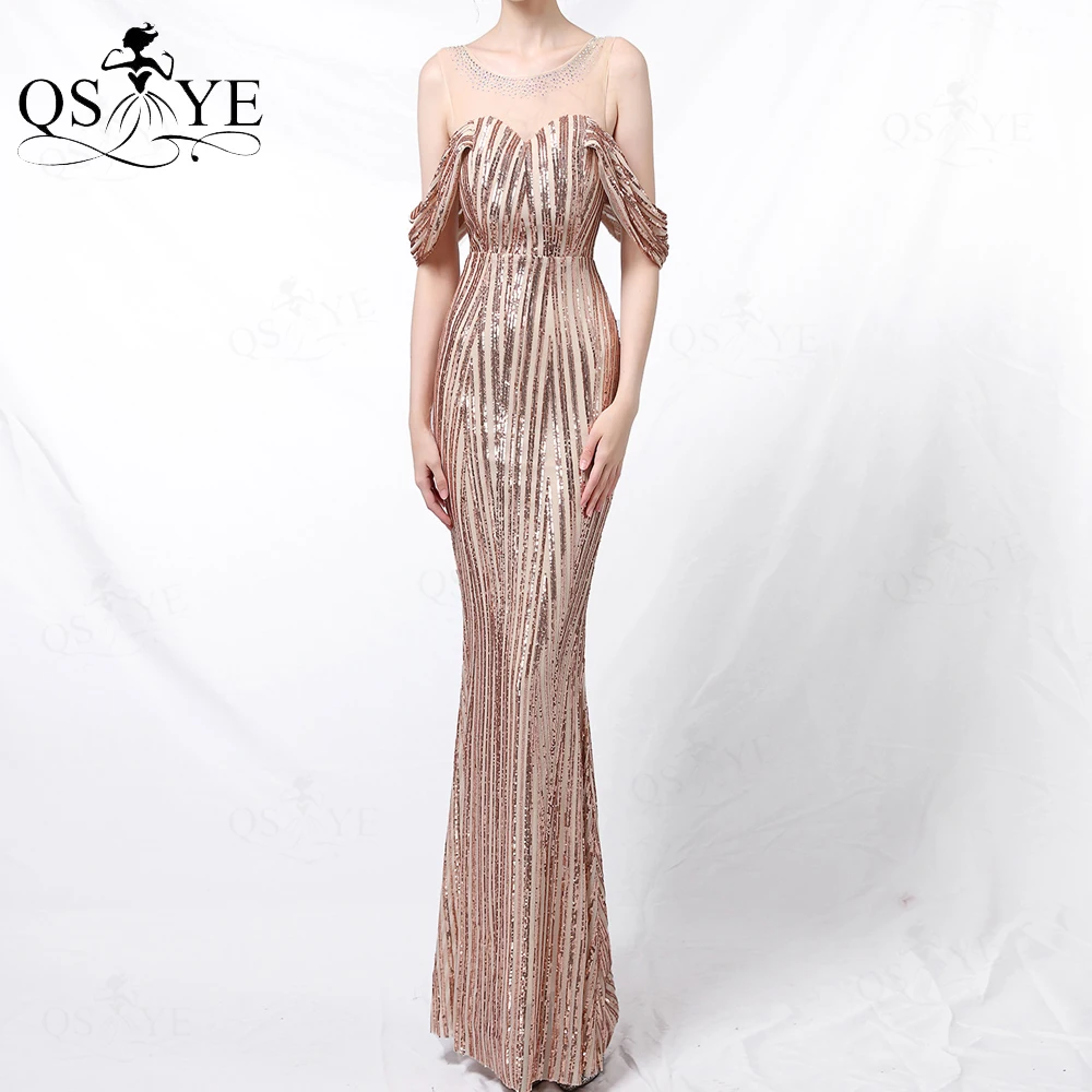 Vertical Stripes Sequin Gold Evening Dress Mermaid Long Party Dress Side Sleeves Nude Neckline Hot Drilling Gold Fit Prom Gown