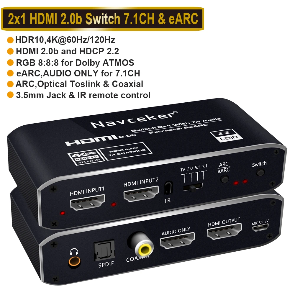 HDMI Splitter with Audio Extractor, HDMI Splitter 1 in 2 Out 4k 60 with 3.5mm Stereo Audio and Multi-Resolution Output, Supports Downscale, HDR, 18 Gbps, HDCP 2.2, for Xbox PS5 Soundbar