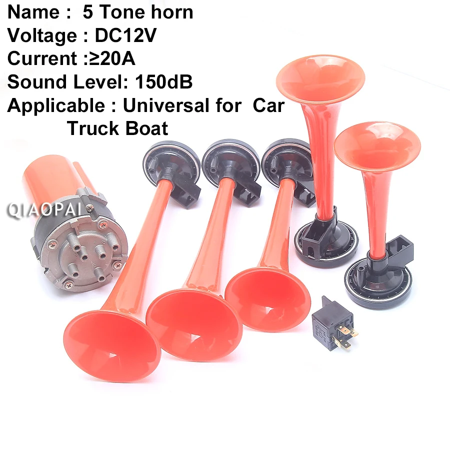 Universal Trumpet Air Horn Compressor 12V  Tone Loud Trumpet Red Music Air Horn Sounds for Car Motorcycle Boat Truck Train Bus