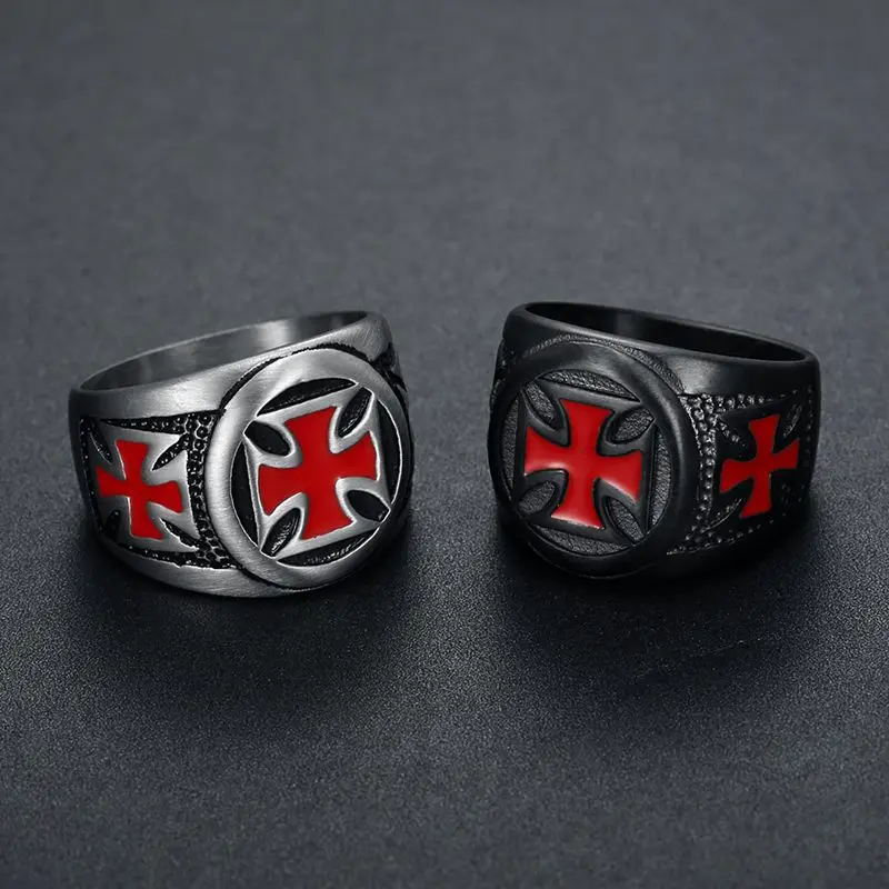 316L Stainless Steel Knights Templar Ring Custom Design Wholesale Price Shield Black Epoxy Clean Red Cross Rings