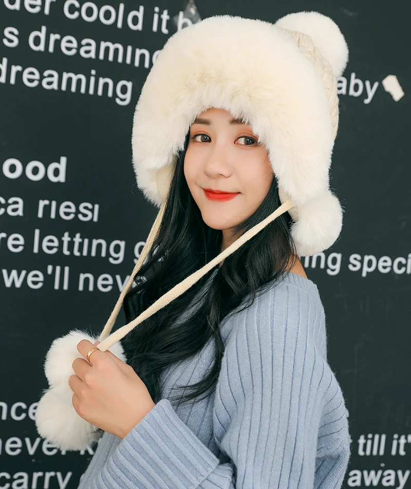 

New Woman Autumn Winter Mink Knit Bomber Hat Thick Female Fluffy Pompom Outdoor Warm Windproof Earflap Trapper Snow Ski Caps