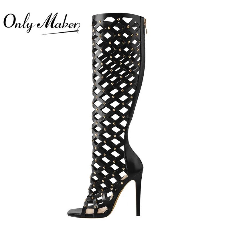 Onlymaker Women Peep Toe Black Hollow Grid Stiletto Zipper Knee High Boots High Heel  Plus Size Sandals Boots For Summer