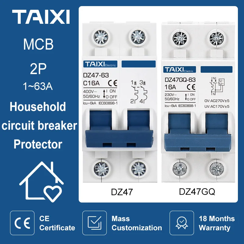 MINI Circuit Breaker AC220V  2P MCB 16A 20A 32A 40A 63A  ON OFF  Switch