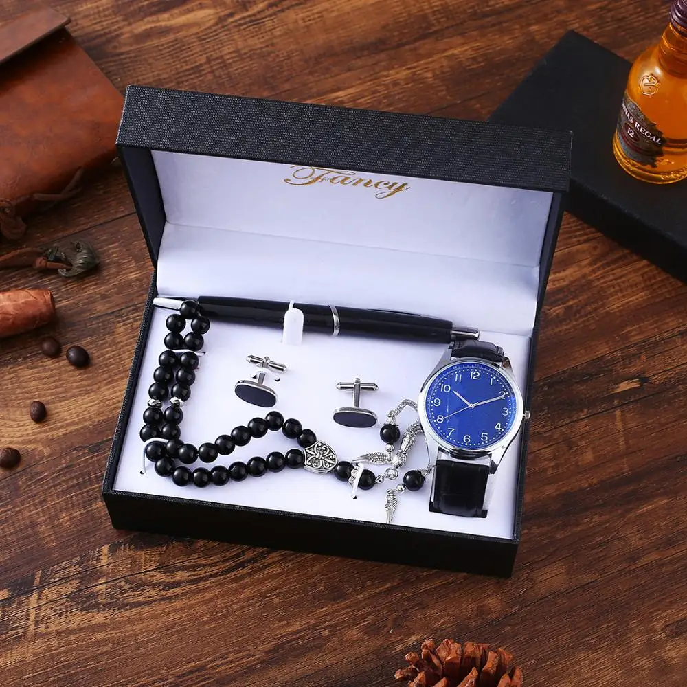 4pes/Set New Men's Gift Set Beautifully Packaged Watch Rosary Cufflinks Pen Simple Large Dial Casual Combination Wrist Watches