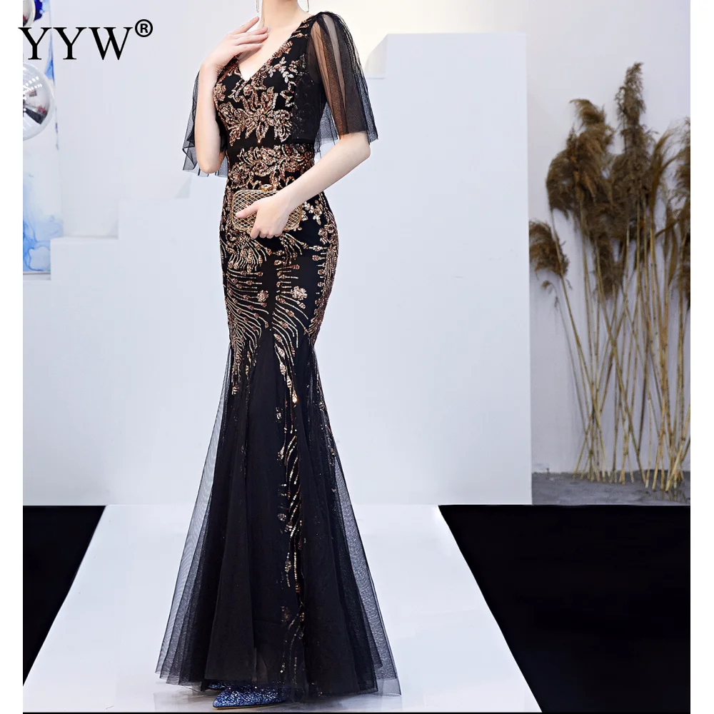 Batwing Sleeve Evening prom Dresses Luxury Black Mesh and Gold Floral Sequined V Neck Mermaid Dress Formal Party Long Dress 2024