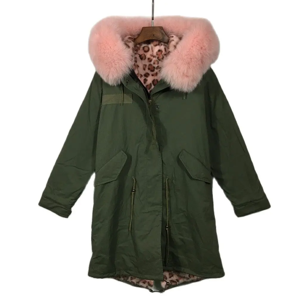 

Fashion Mhnkro Pink Leopard Pattern Mink Fur Lined Parka Winter Women Long Jacket Popular Style Plus Size Coat