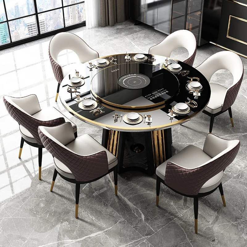 dining table with rotary table, modern household multifunctional induction cooker and turning tables chair combination