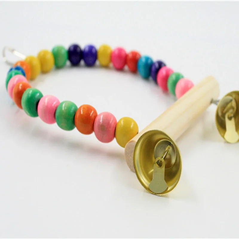 1PC Natural Wooden Parrots Swing Toy Birds Colorful Beads Bird Supplies Bells Toys Perch Hanging Swings Cage for Pets