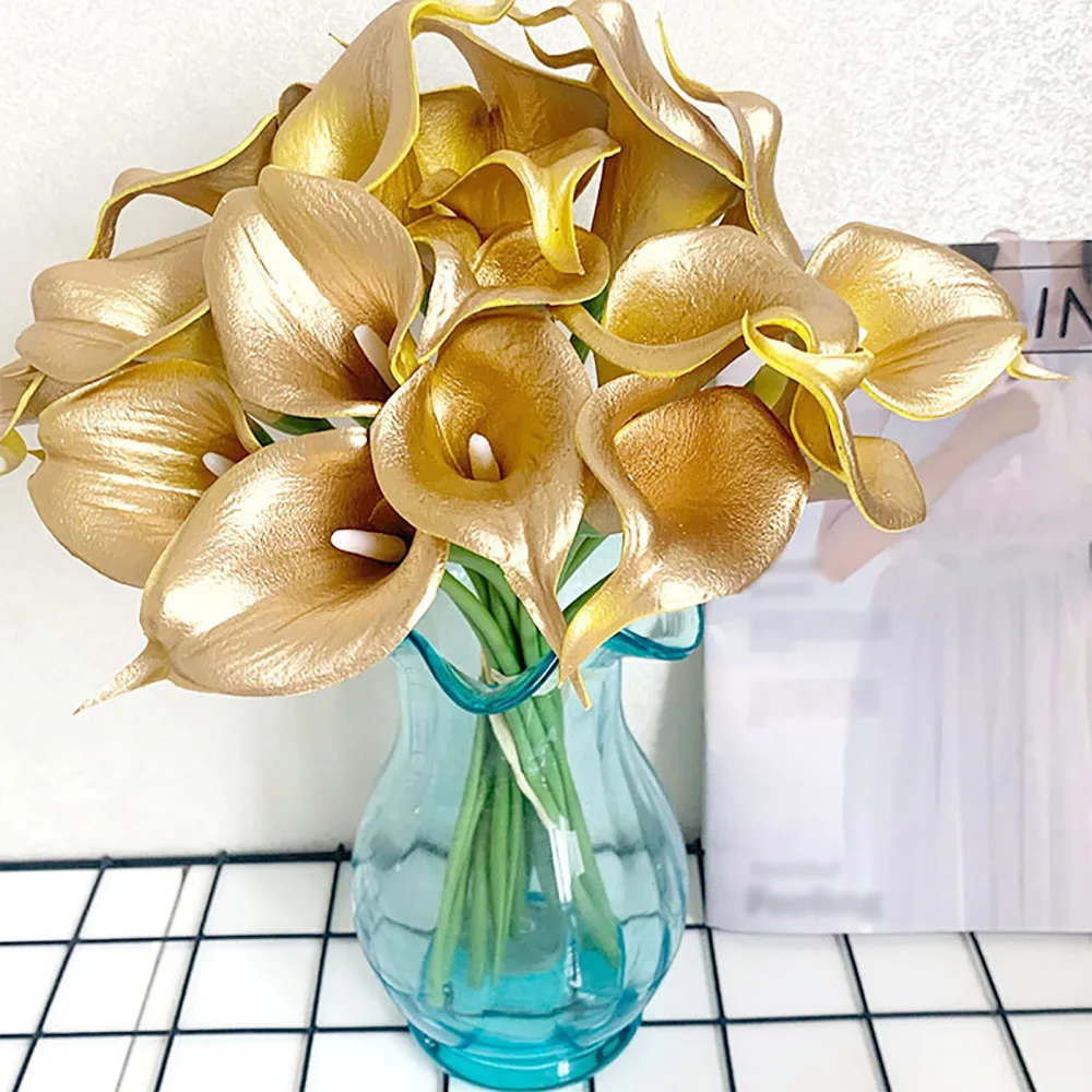 36cm Pu Gold Flower Calla Lily Artificial Latex Lilies Fake Simulation Flowers Diy Garden Real Touch Wedding Decoration Bouquet