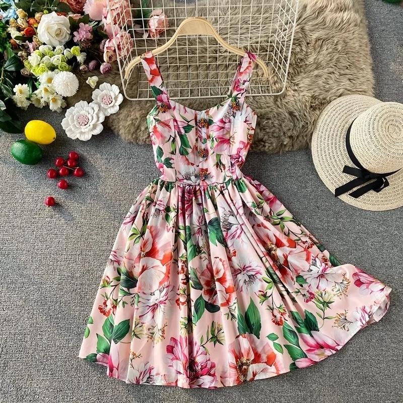 Luxury Flower Summer Dress Women\'s Long Dresses Runway Floral Ruched Shapghetti Strap Sundress Midi Buttons Holiday Dress