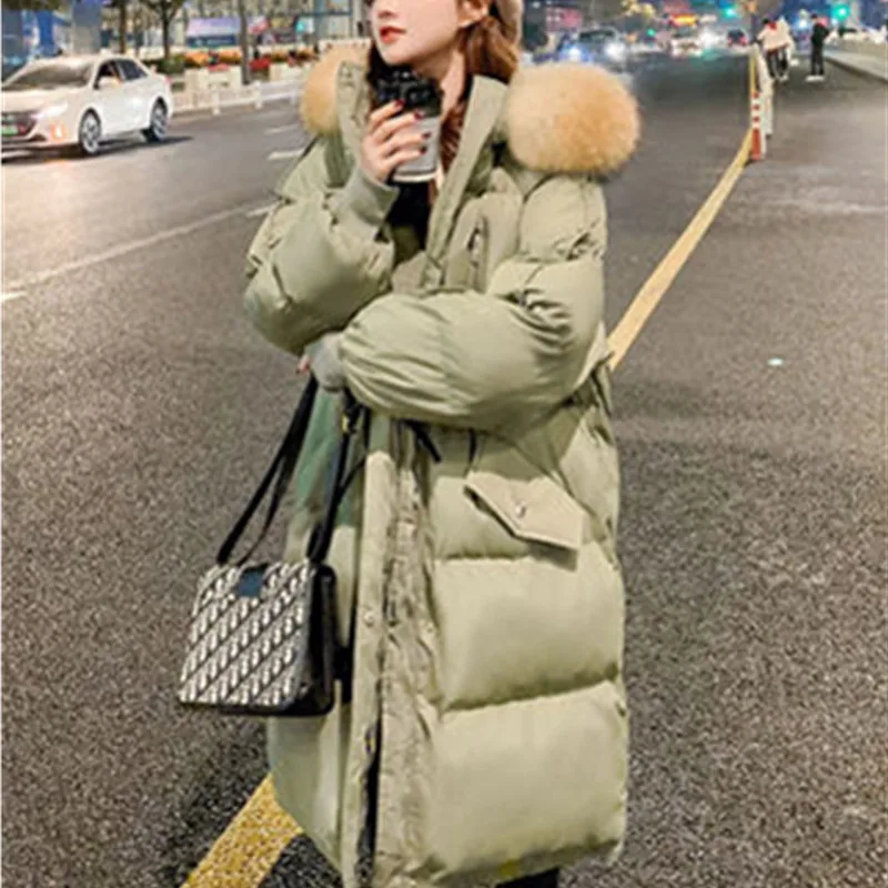 2023 Winter Women's Coat Down Jacket Thicken Long Hooded Padded  Coats Female Oversize Loose Wadded Warm Down Cotton Parka Green