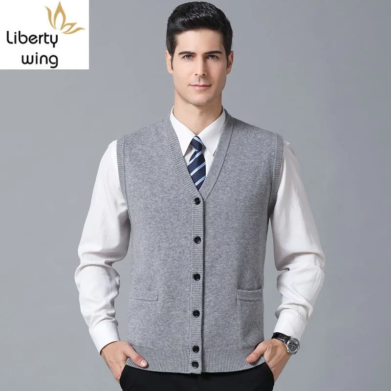 

Spring Autumn Luxury 100% Wool Vest Men V-Neck Thick Knitting Sleeveless Waistcoats Single Breasted Casual Solid Slim Vests Tops