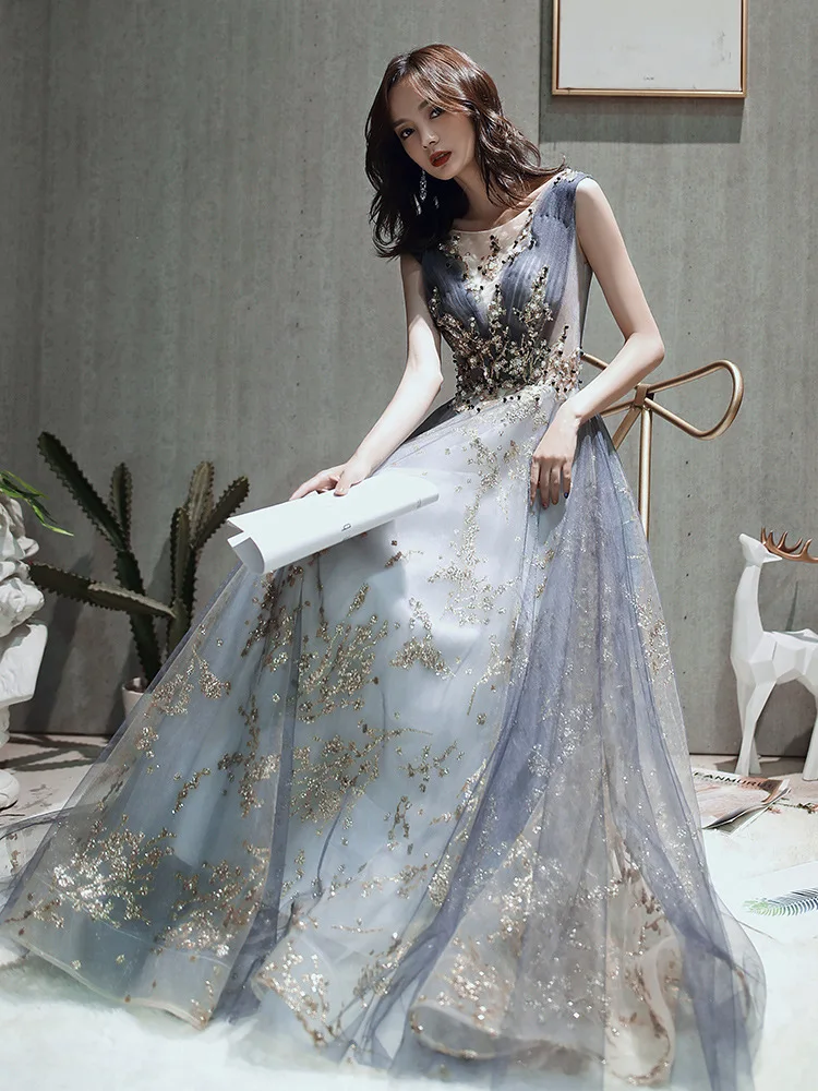 Fashion New Banquet Elegant Evening Dress Scoop Sequins Appliques Floor-length Long Prom Formal Gown Vestidos De Noche