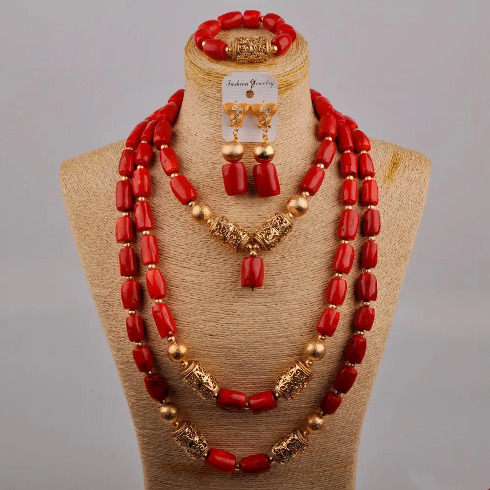 

New Simple Red Natural Coral Bead Necklace African Bride Wedding Accessories Nigerian Female Wedding Treasure Jewelry Set AU-500