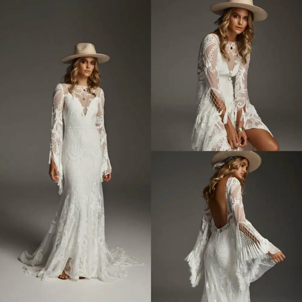 Great Mermaid Wedding Dresses Cowboy Lace Appliqued Sweep Train Country Bridal Gowns Backless Long Sleeve Boho Vestido De Noiva