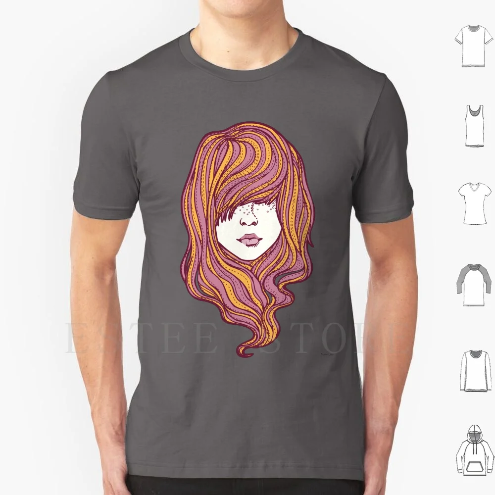 Her Hair T Shirt Men Cotton 6xl Long Girls Vector Purple 70s Face Womens Retro Pink Hair 1970s Head Psychedelic Freckles 60s