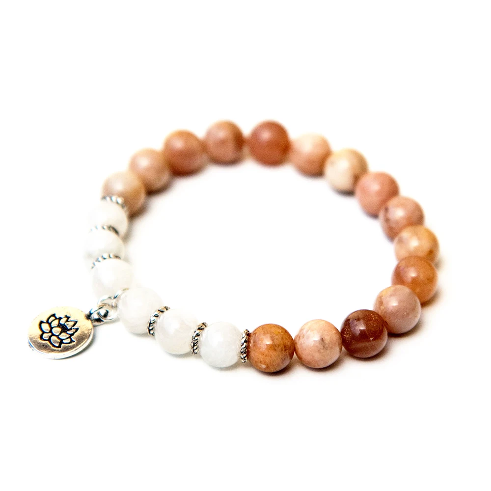 Wholesale Women`s Mala Yoga Bracelet Natural A Grade Moonstone and Sunstone Bracelet Vintage Design Wrist Mala Yoga Bracelet