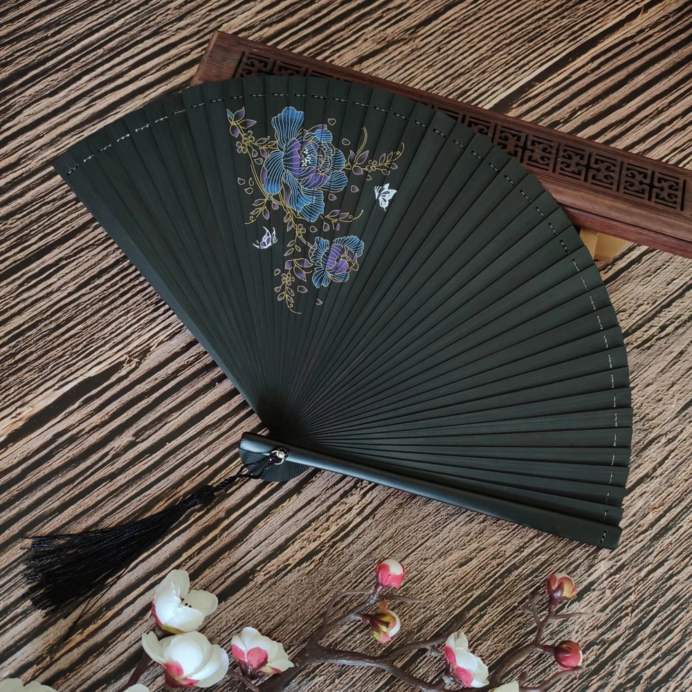 Bamboo Folding Fan Pattern Art Craft Hand Fans Small Black Fan For Dancing Home Decoration Wedding Gift For Guest