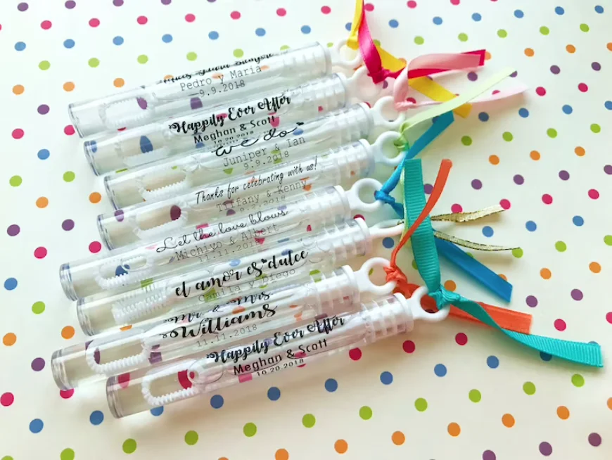 Etiquetas de tubo de burbujas personalizadas para boda, varita de burbujas transparente con nombre, texto, logotipo, Pegatinas transparentes,