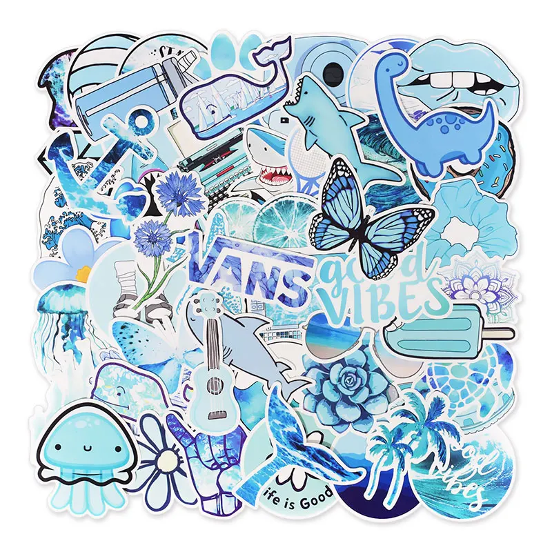 53 Pcs Blue Cartoon Vsco Graffiti Stickers for Skateboard Phone Motorcycle Suitcase Guitar Cute Kids Toys DIY Waterproof Sticker