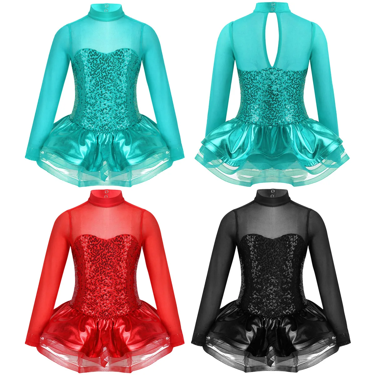 Kids Sequins Long Sleeves Tulle Splice Gymnastics Leotard Girls Ballet Tutu Dress Figure Skating Stage Performance Dance Costume