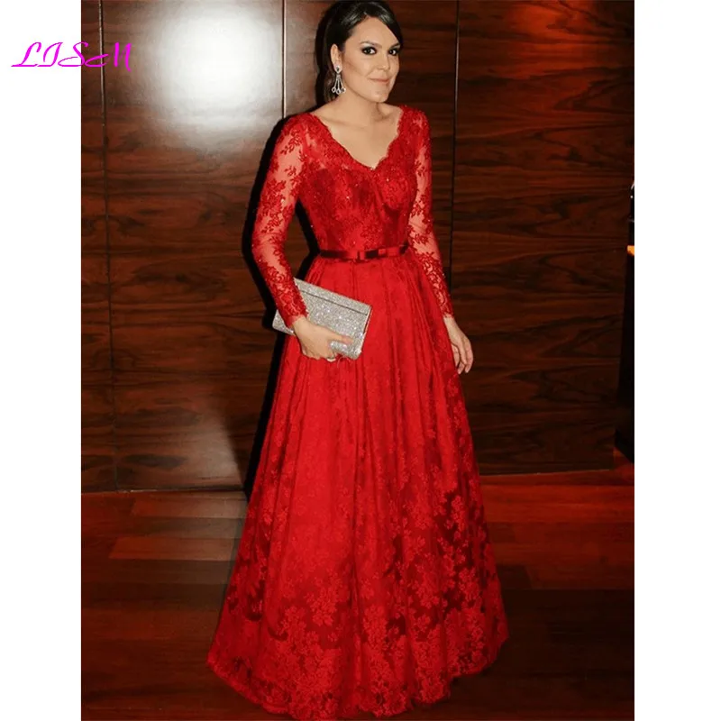 Elegant Red Long Sleeves Mother of the Bride Dresses V-Neck Lace Appliques Wedding Party Dress with Bow Belt