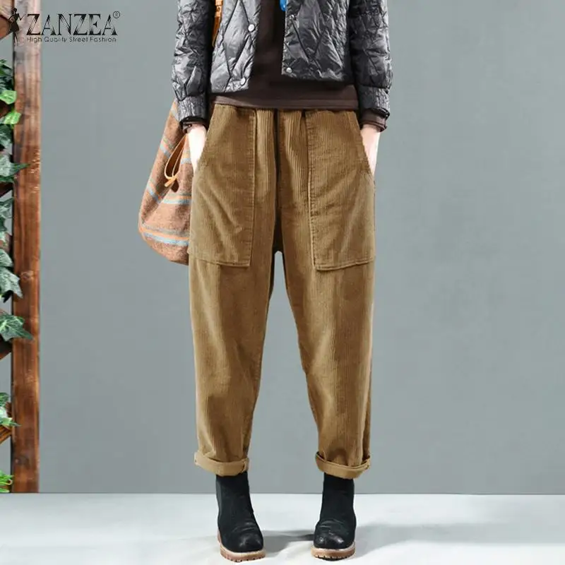 Women Corduroy Pants Autumn Elastic Waist Solid Long Trousers ZANZEA Vintage Corduroy Harem Pants Loose Turnip Pantalon Casual