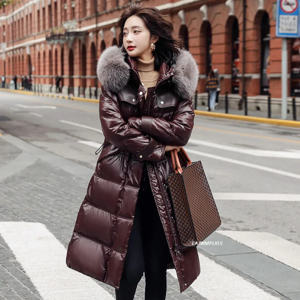 High Quality Luxury Women Down Coats Real Fox Fur Collars Adjustable Waist Winter Warm Long 90% White Down Jackets Outerwear