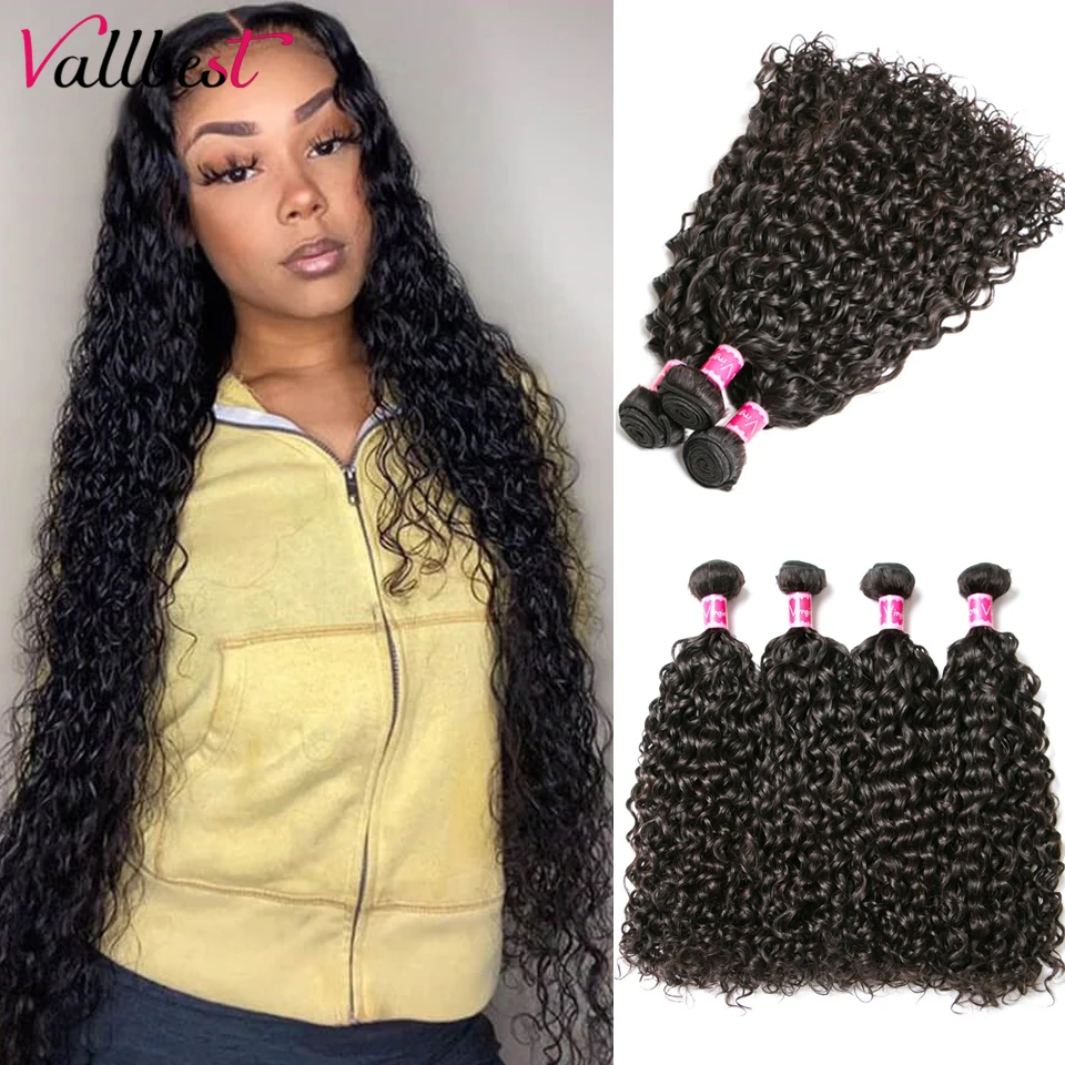 Vallbest Hair Water Wave Human Hair Bundles 1/3/4 Brazilian Hair Weave Bundles Long Remy Hair Extension 30 Inch Bundle #1B