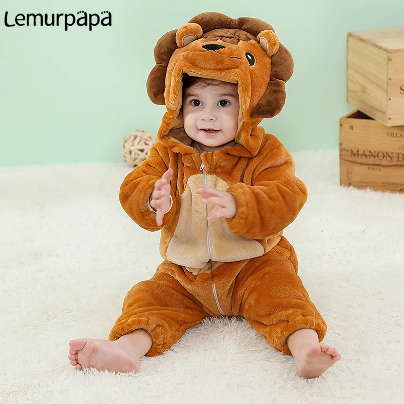 Baby Boys Girls Thicken Onesie Infant Winter Warm Zipper Hoodie Jumpsuit Anime Cartoon Lion Rompers Pajamas