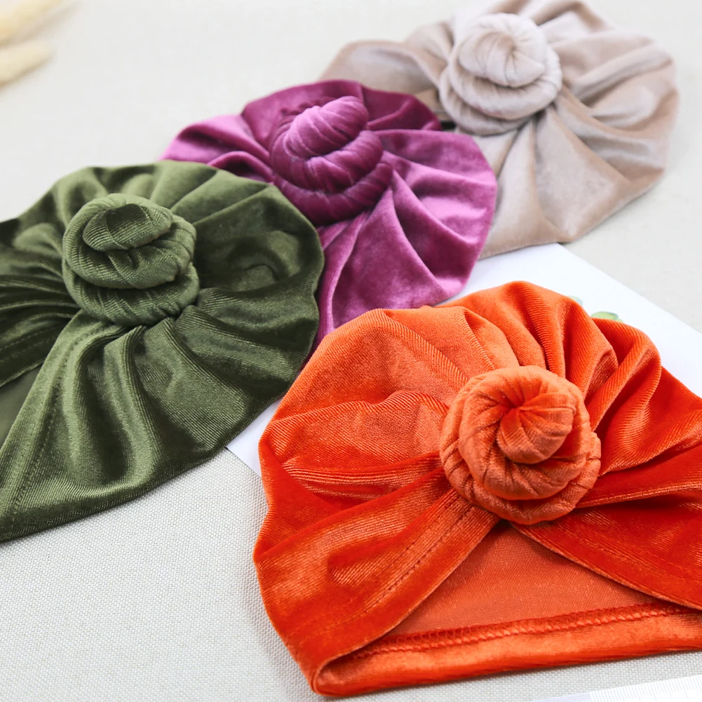 Solid Velour Baby Beanies Snail Dodut Winter Stretch Turban Knot Head Wrap Velvet Hat India Cap Newborn Hair Accessories Bandana