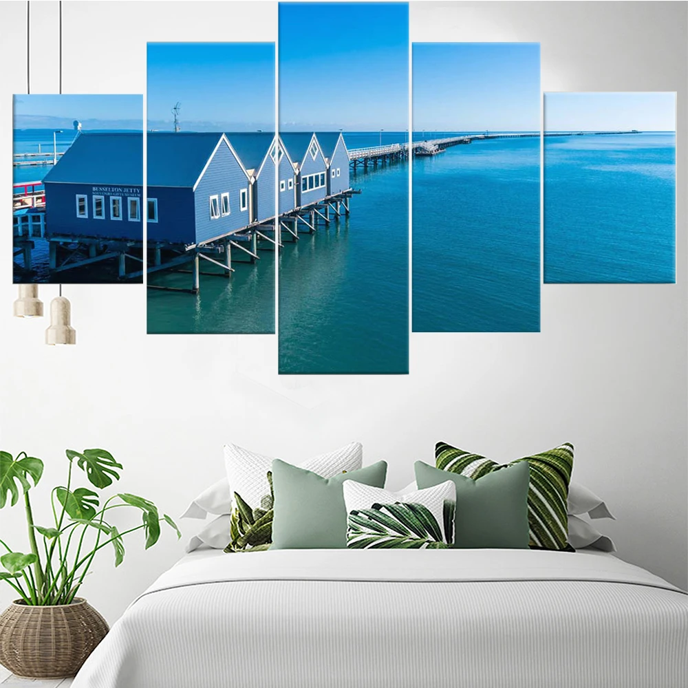 

5 Pieces Canvas Wall Art Painting Seascape Poster Blue House Modern Home Decoration Living Room Framework Modular Pictures