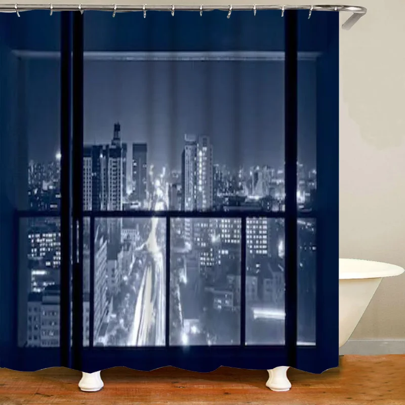 Stylish Skyline City Night View 3D Shower Curtain Bathroom Curtain Waterproof Birds Eye Window View Bath Mat Bathtub Accessories