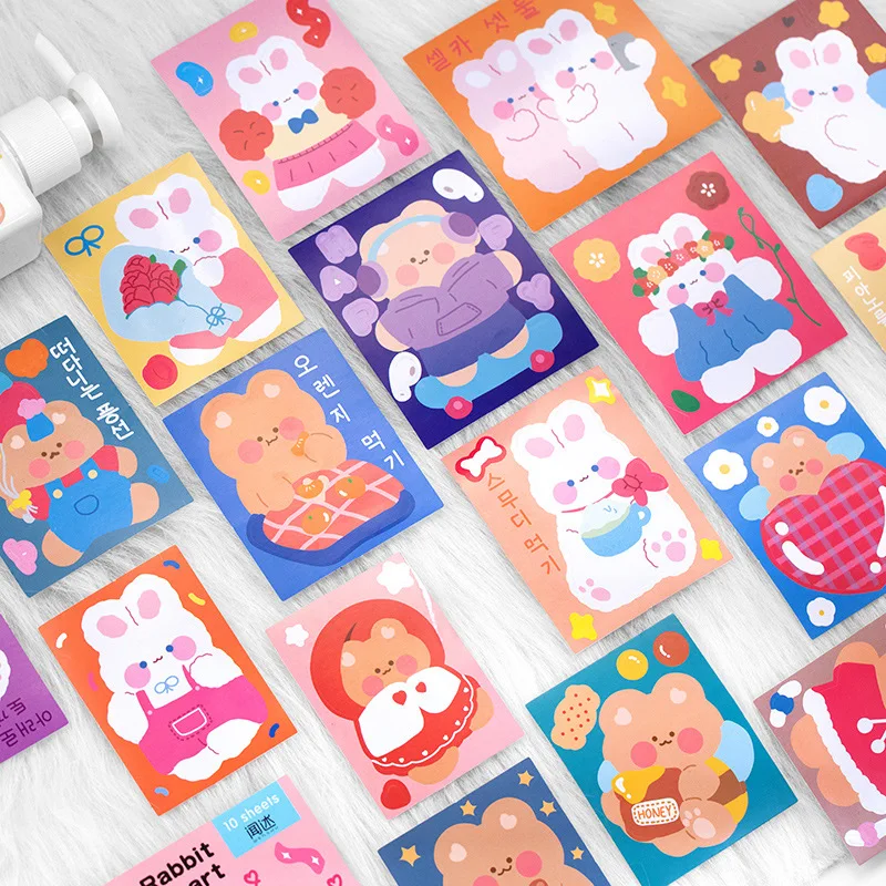 Pegatinas decorativas para álbum de recortes, pegatinas bonitas de oso, conejo, adhesivo para diario, papelería Kawaii coreana, 10 hojas