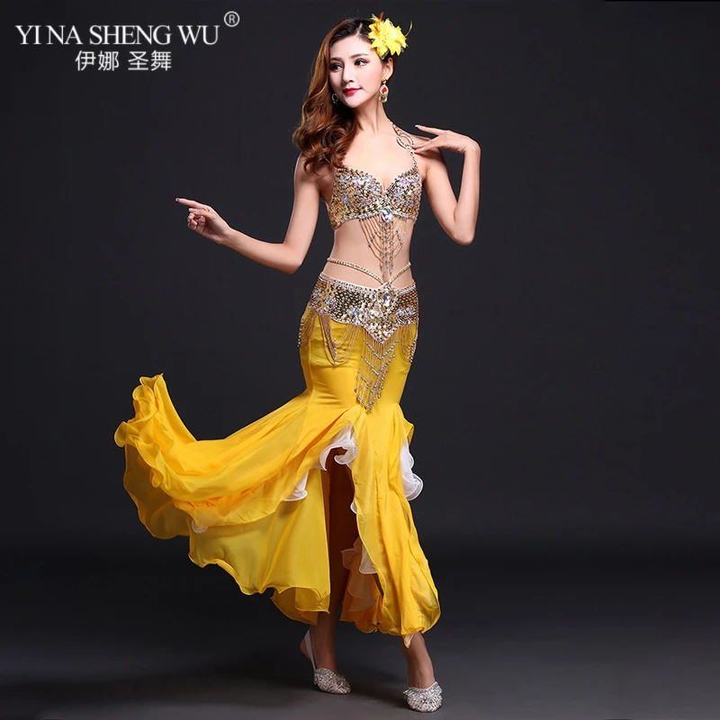 New High Quality Belly Dance Costume Sexy Bra Skirt Belt Stage Performance Suits Outfits Oriental Belly Dance Clothes Slit Skirt