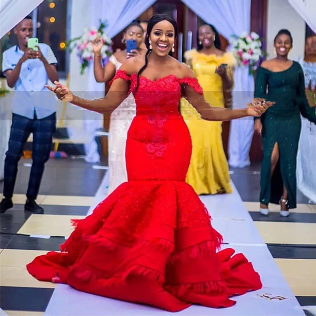 African Plus Size red Mermaid Wedding Dress with Sleeve Lace Beaded Sash Bridal Gowns Satin Wedding Gown Vestidos De Novia AliExpress